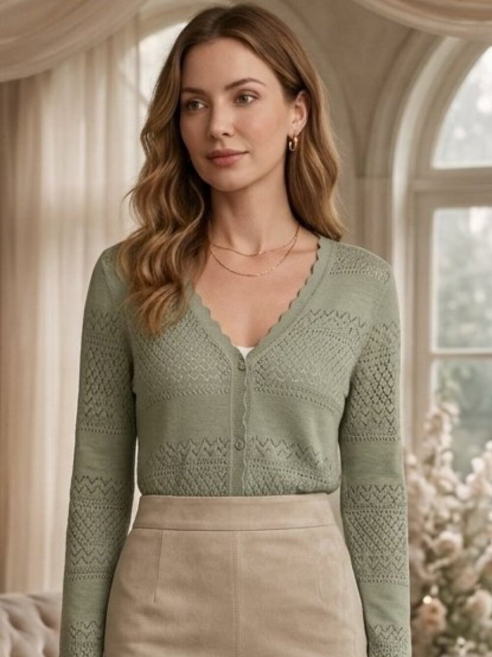 Frye Pointtelle Sage Green Knit V-Neck Lightweight Cardigan 3538